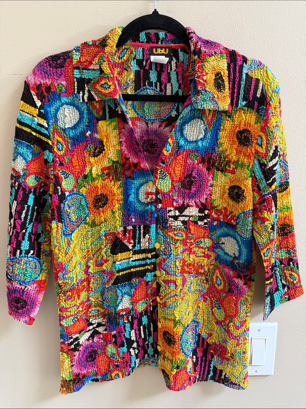 UBU Multicolor Textured Crinkle Stretch Blouse Small